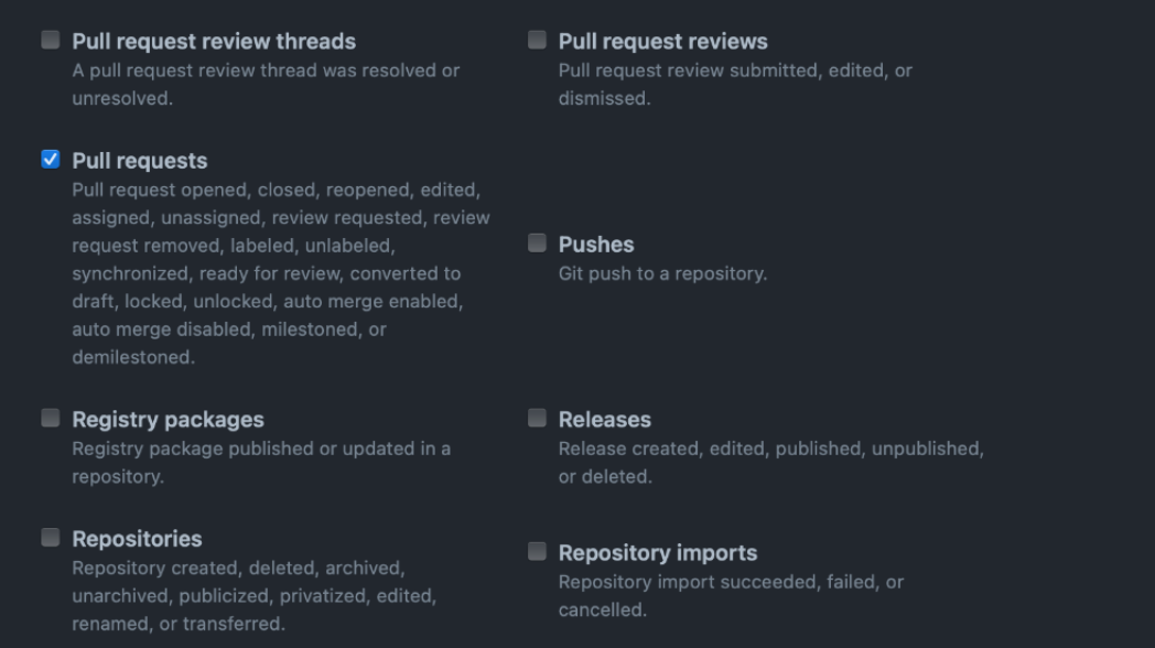 Snímka obrazovky nastavenie parametrov webhooks pre spracovanie pull requestu.