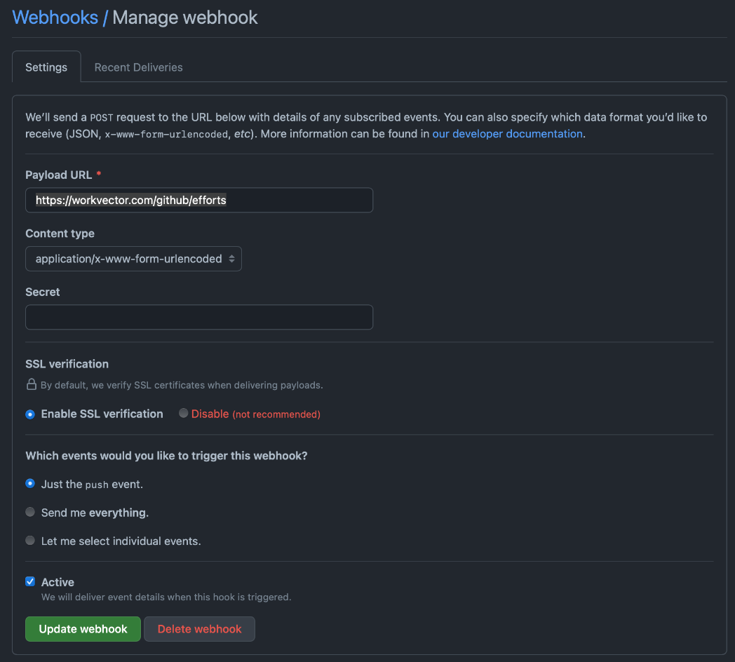 Snímka obrazovky nastavenia webhooks pre spracovanie commit.