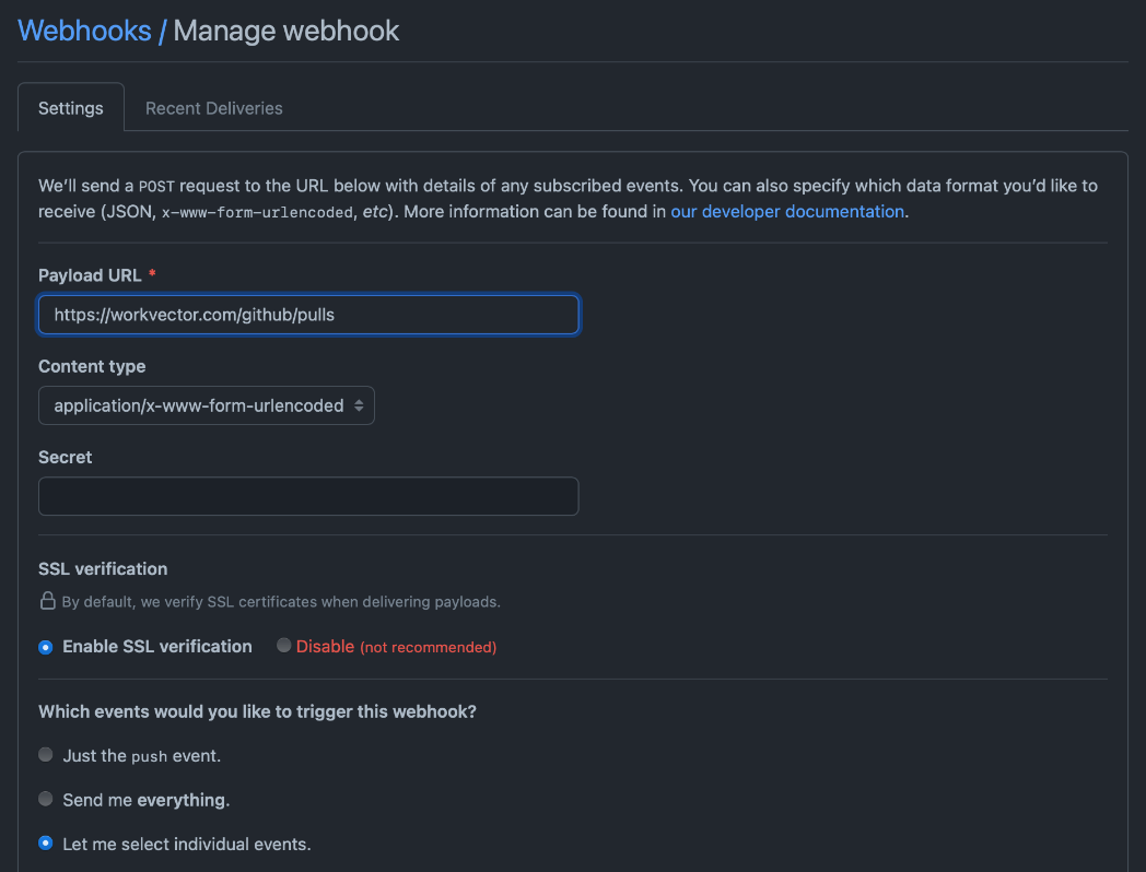 Snímka obrazovky nastavenia webhooks pre spracovanie pull requestu.