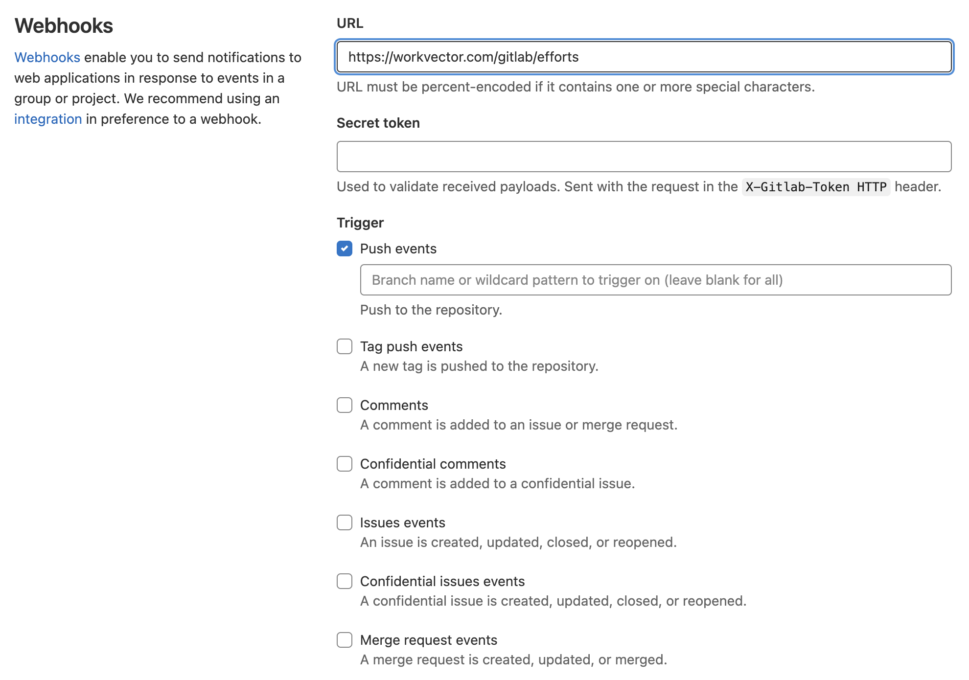 Screenshot of the webhook settings screen for commit processing.