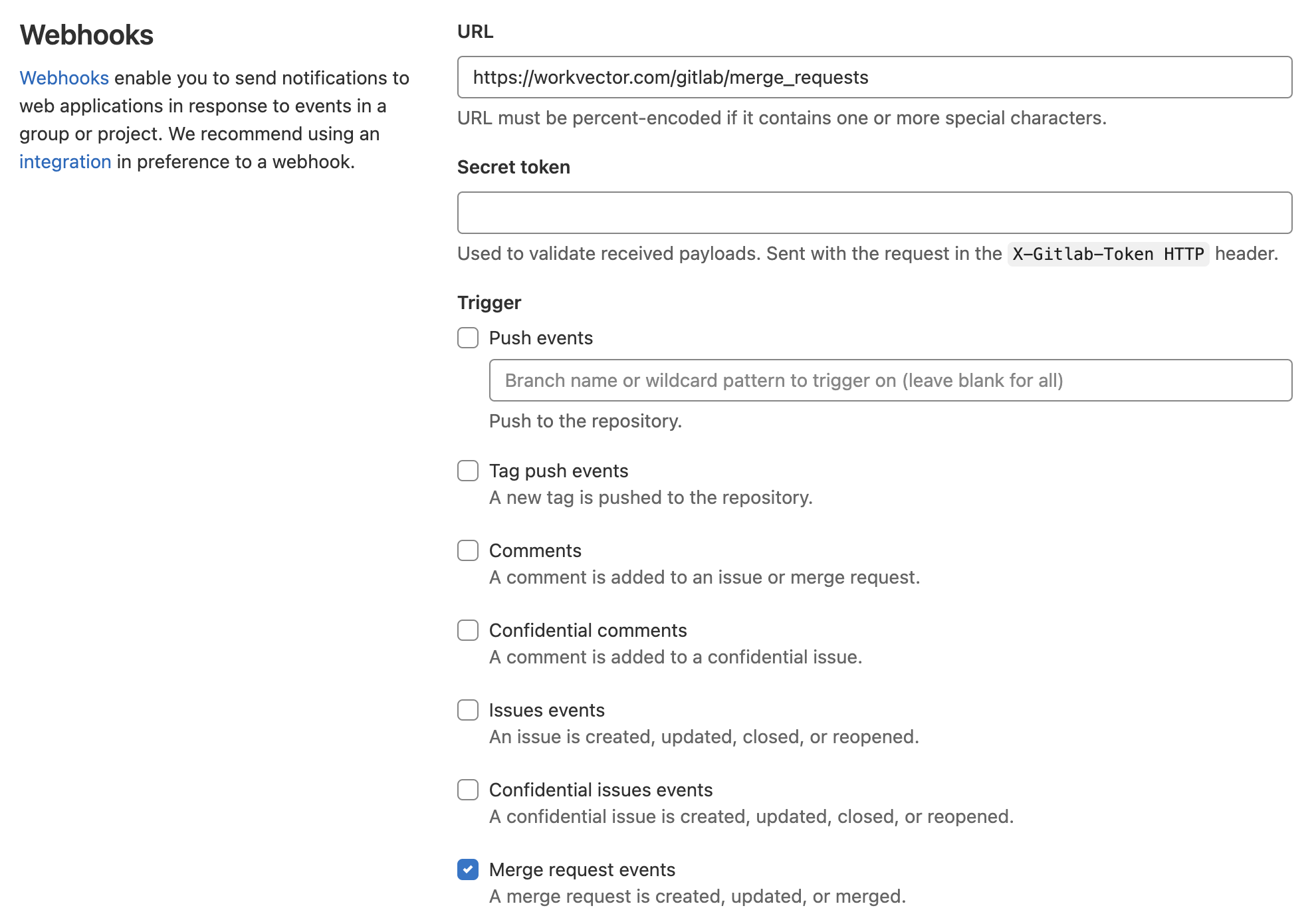 Screenshot of webhook settings for merge request processing.