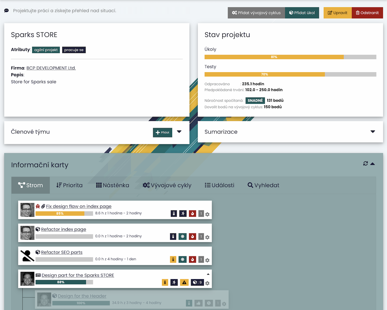 Stránka projektu s možnosťou nastavenia projektu a správy rolí ľudí v ňom. Dashboard o stave projektu, sumarizácii úloh a ceny, členoch tímu, posledných udalostiach.