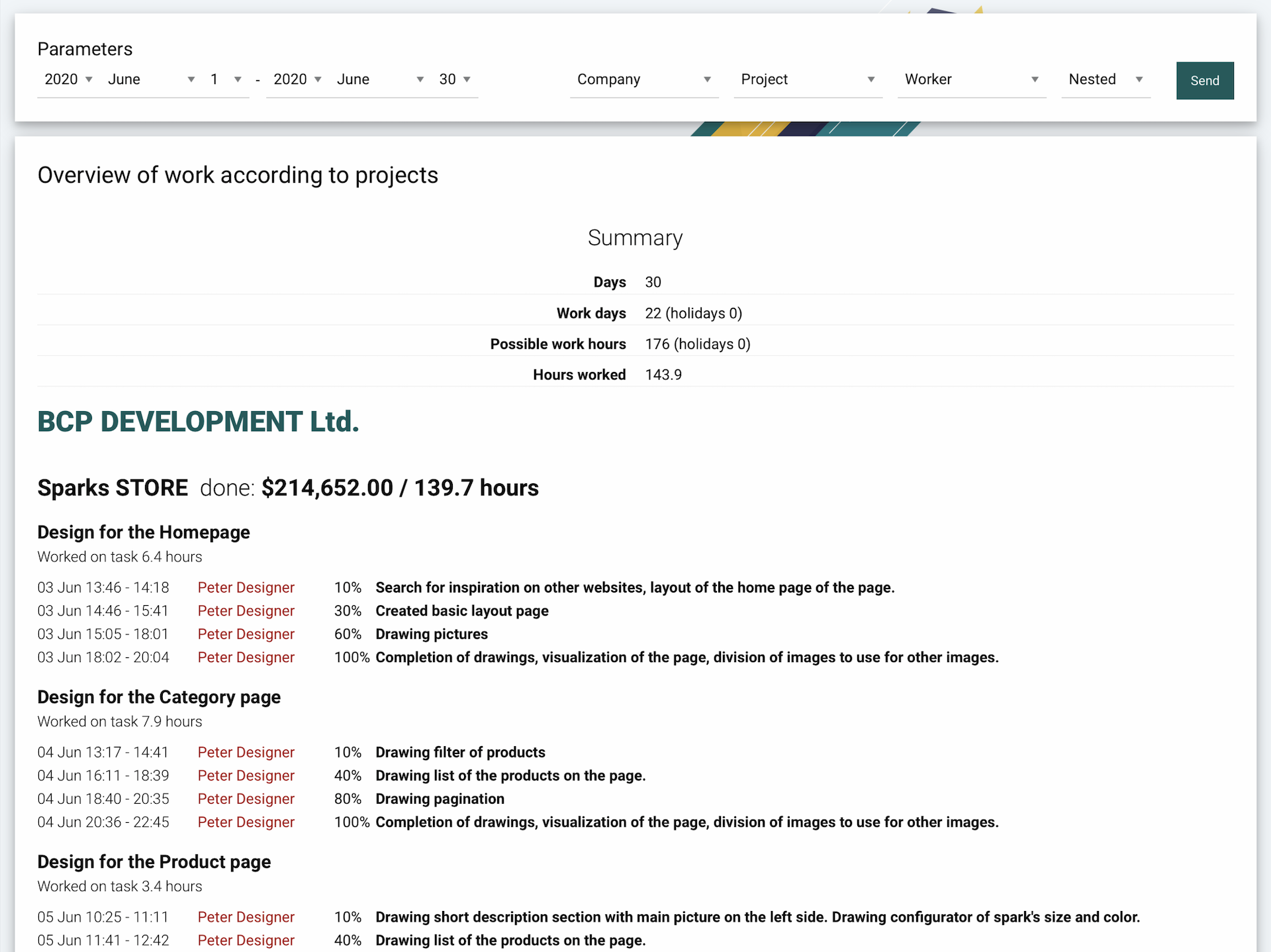 Report with an overview of time tracked and tasks on the project, including statistics for billing.